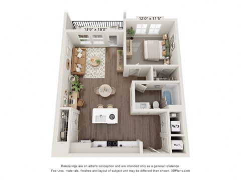 Floor plan for 1 bed, 1 bath, 740 sqft
